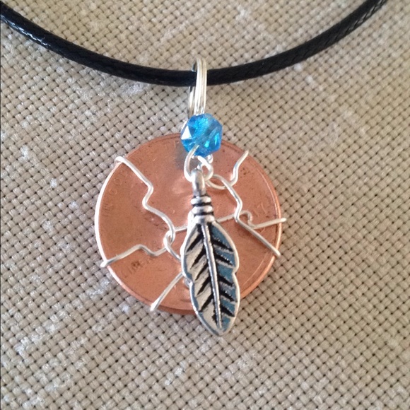 Hand Crafted Penny Feather Necklace Wire Wrapped Beaded - Picture 1 of 3